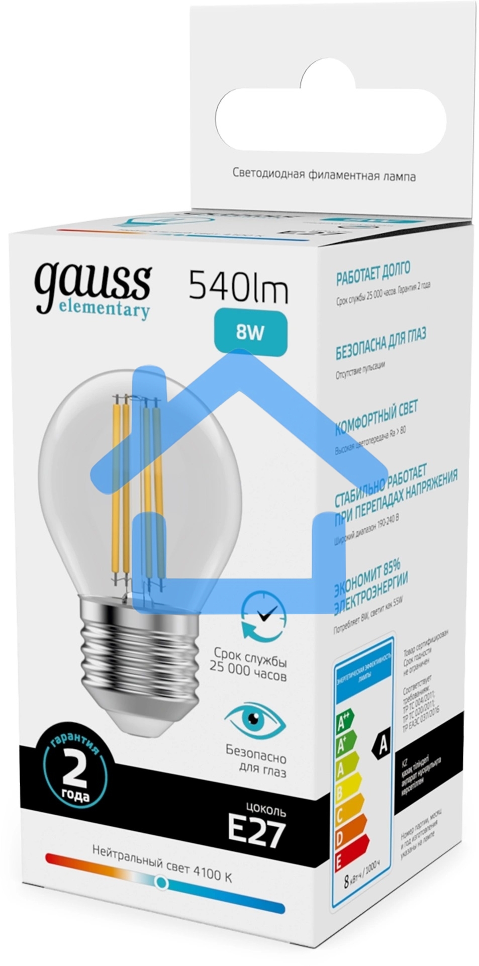 Лампа филам. Gauss Filament 8Вт цок.:E27 шар св.свеч.бел.нейт. (упак.:10шт) (52228)