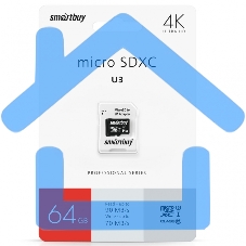 Карта памяти Smartbuy MicroSDXC карта памяти Smartbuy 64Gb Class10 PRO U3 R/W:90/70 MB/s (с адаптером SD). 