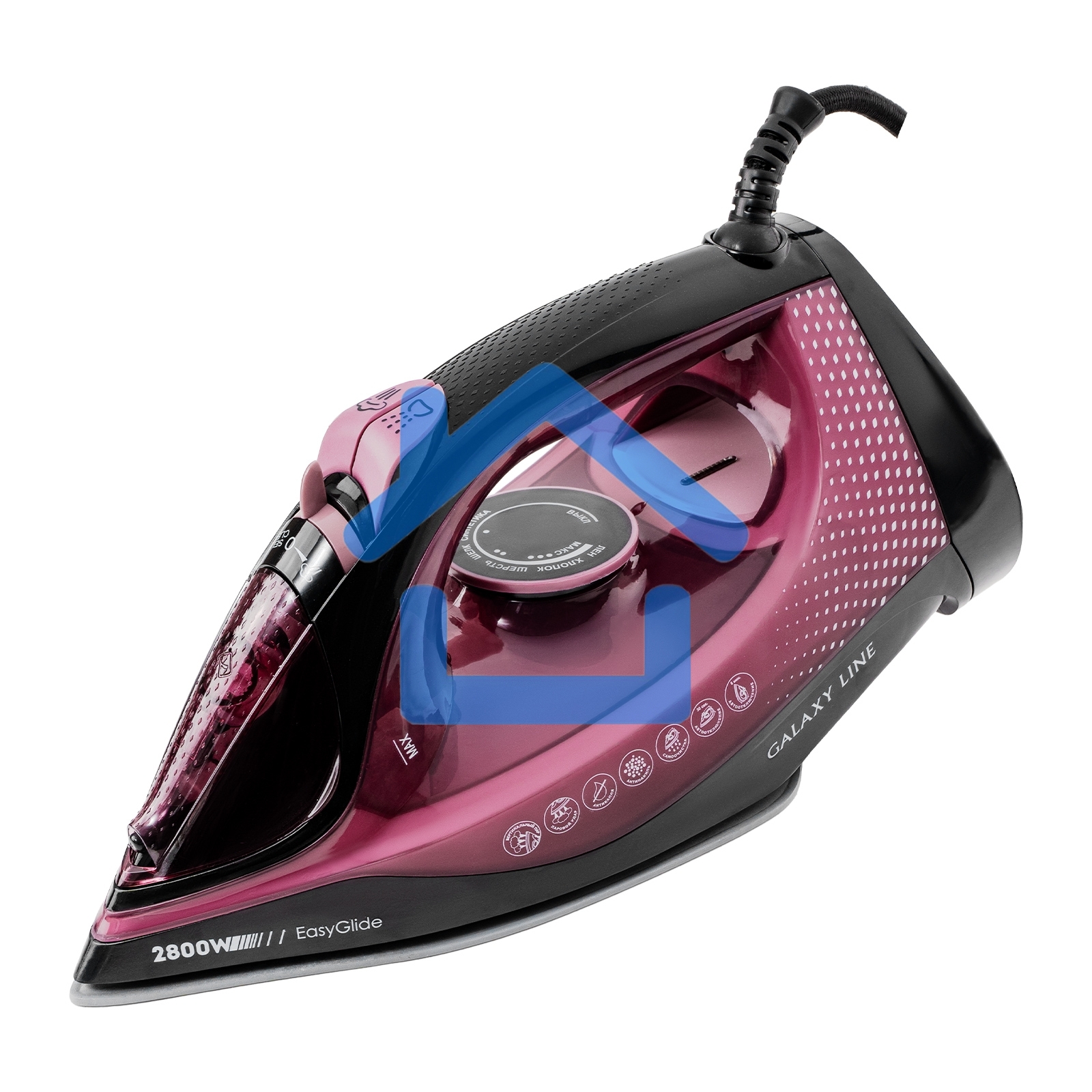 Утюг Galaxy Line GL 6132, розовый с черным, паровой, 2800 Вт, керамическое покрытие EasyGlide, функции: самоочистка, антикапля, антинакипь, указатель максимального уровня воды, индикатор нагрева, вертикальное отпаривание, паровой удар, регулировка подачи 