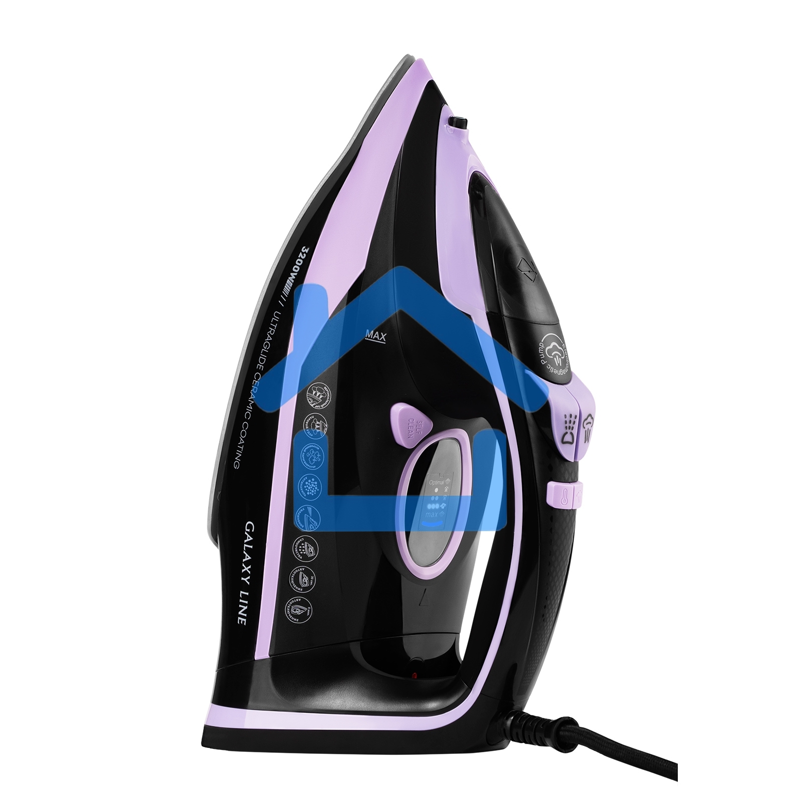 Утюг Galaxy Line GL 6135, черный с лиловым, паровой с помпой, 3200 Вт, постоянный пар 90 г/мин, паровой удар 260 г/мин, функции: самоочистка, антинакипь, автоотключение, вертикальное отпаривание, LED-дисплей, встроеный парогенератор, защита от перегрева, 