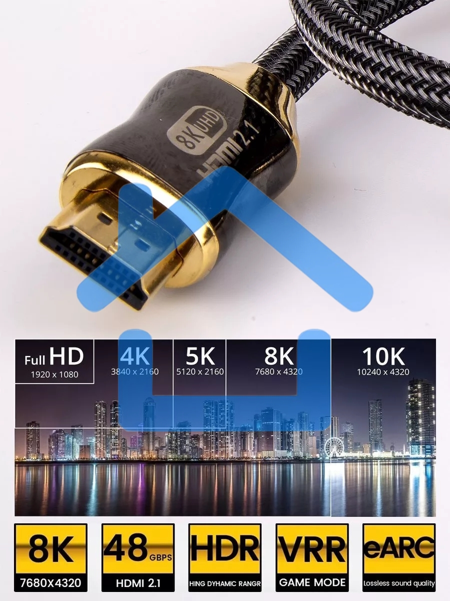 Кабель HDMI 19M/M,ver. 2.1, 8K@60 Hz 2m метал разъемы, нейлоновая оплетка Telecom <TCG300-2M>