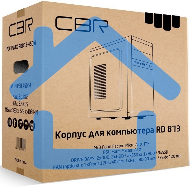 Компьютерный корпус mATX Minitower RD873, c БП PSU-ATX450-12EC, 2*USB 2.0, HD Audio+Mic, черный CBR PCC-MATX-RD873-450W
