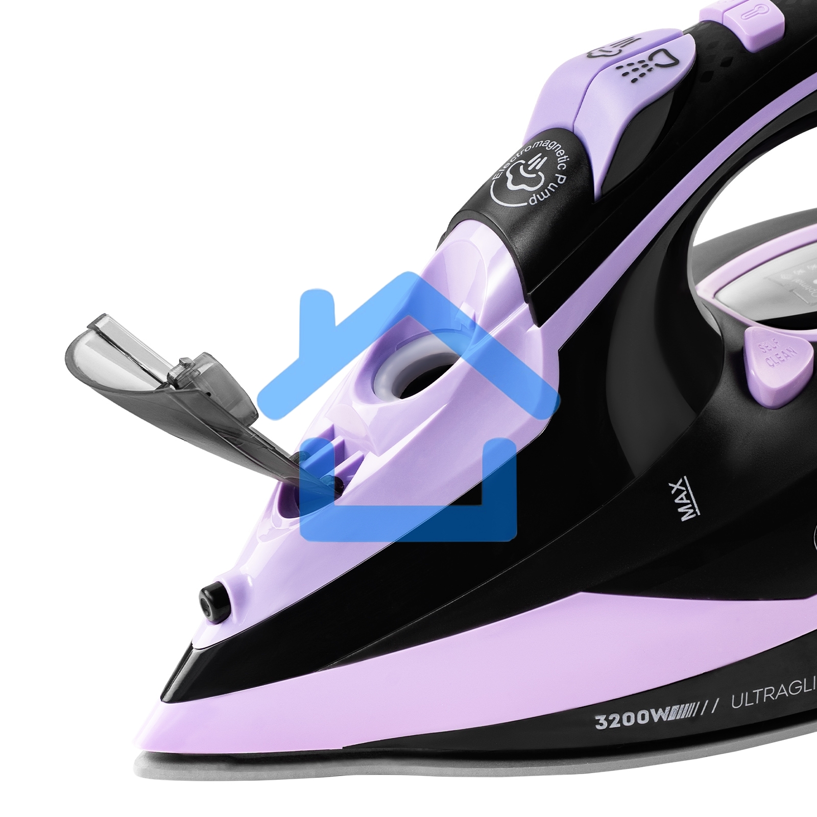 Утюг Galaxy Line GL 6135, черный с лиловым, паровой с помпой, 3200 Вт, постоянный пар 90 г/мин, паровой удар 260 г/мин, функции: самоочистка, антинакипь, автоотключение, вертикальное отпаривание, LED-дисплей, встроеный парогенератор, защита от перегрева, 