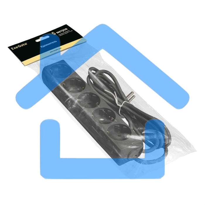 Удлинитель ExeGate ECE-5-5B (EX285825RUS), черный, 5 м, евровилка с заземлением, 5 евророзеток с заземлением, 2200 Вт