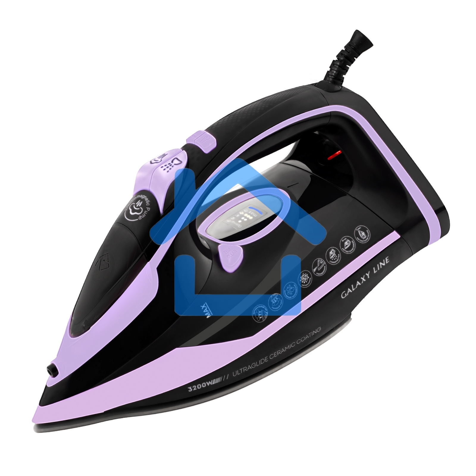 Утюг Galaxy Line GL 6135, черный с лиловым, паровой с помпой, 3200 Вт, постоянный пар 90 г/мин, паровой удар 260 г/мин, функции: самоочистка, антинакипь, автоотключение, вертикальное отпаривание, LED-дисплей, встроеный парогенератор, защита от перегрева, 
