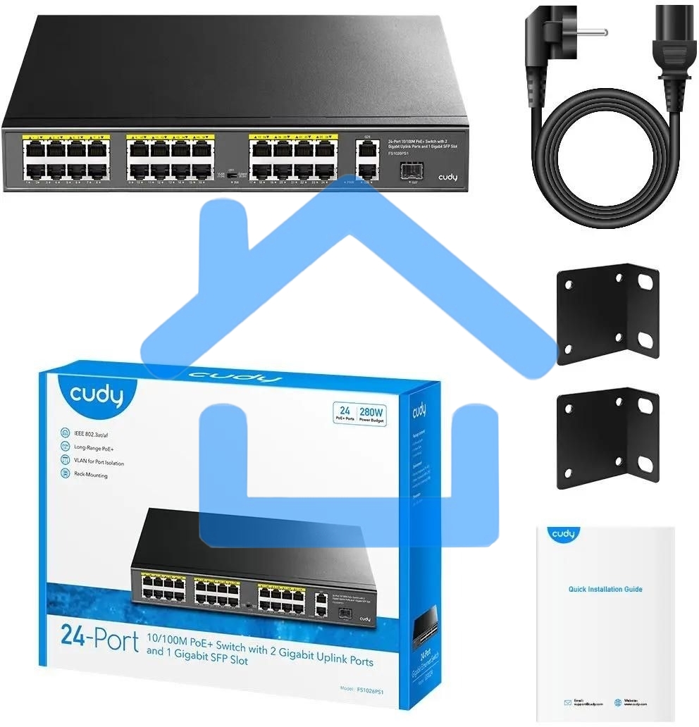 Коммутатор Cudy FS1026PS1, (L2) 24x100Мбит/с 2x1Gbит/с, 1SFP, 24PoE, 24PoE+ 300W, неуправляемый