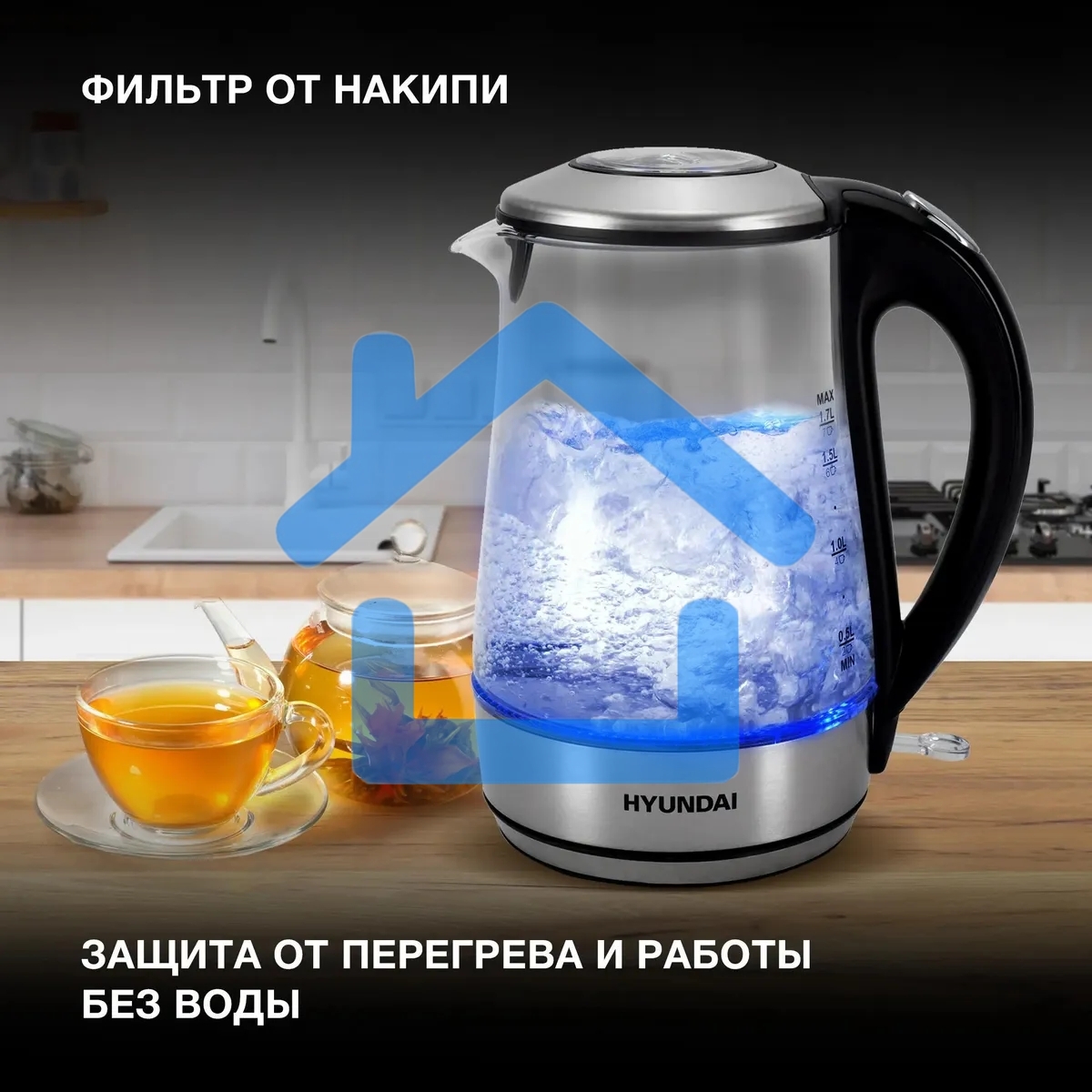 Чайник электрический Hyundai HYK-G8406 1.7л. 2200Вт прозрачный/черный (корпус: нержавеющая сталь)