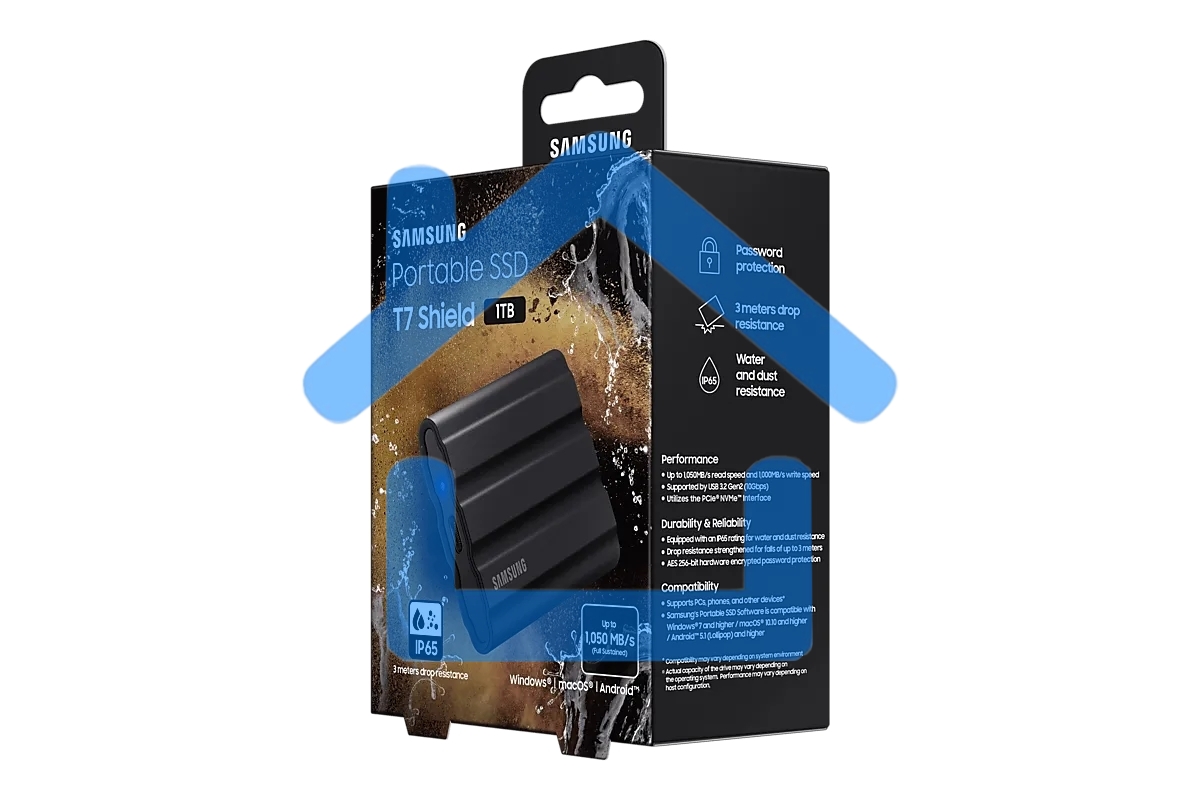 Твердотельный диск 1TB Samsung T7 Shield MU-PE1T0S/WW, V-NAND, USB 3.2 Gen 2 Type-C R/W - 1000/1050 MB/s /EU