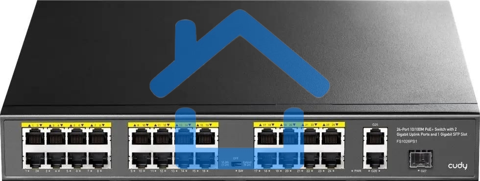 Коммутатор Cudy FS1026PS1, (L2) 24x100Мбит/с 2x1Gbит/с, 1SFP, 24PoE, 24PoE+ 300W, неуправляемый