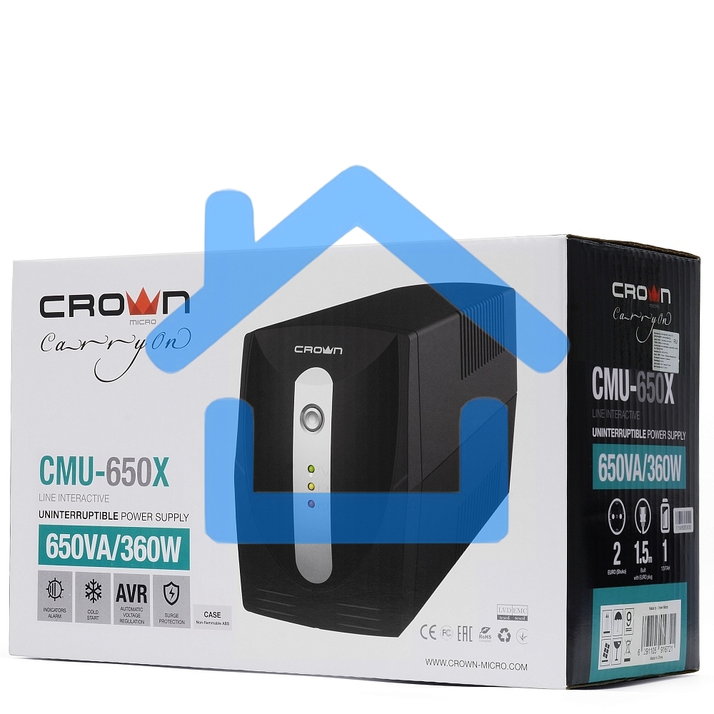 Источник бесперебойного питания Crown CMU-650X (650ВА/360 Вт; 2хEURO резервным питанием и фильтрацией; 12V/7AH х 1; пластик)