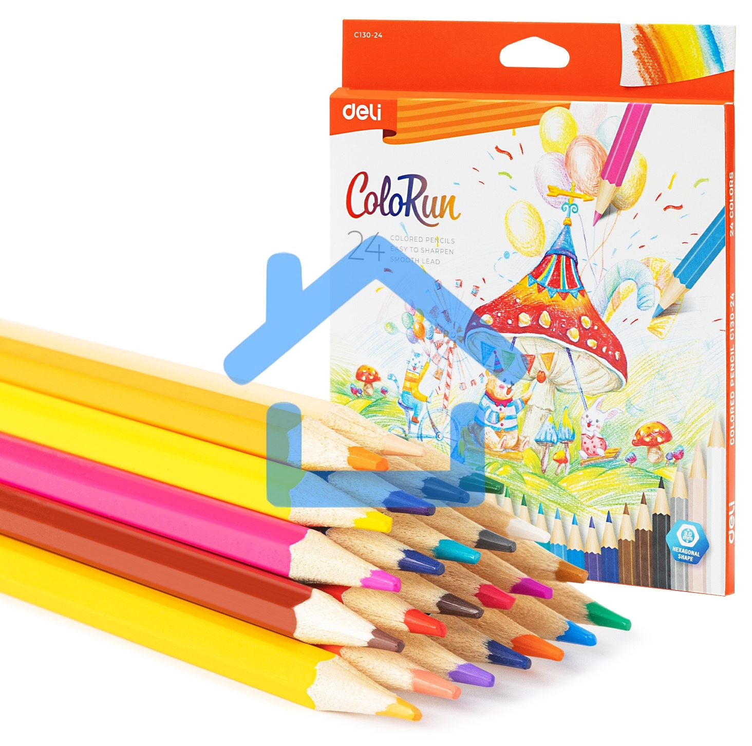 Карандаши цветные Deli EC130-24 ColoRun, шестигранный профиль, дерево 24 цвета, коробка с европодвесом (24шт)