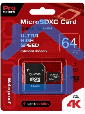 Флеш карта QUMO MicroSDXC 64Gb Сlass 10 UHS-I,3.0 без адаптера SD, черно-красная картонная упаковка