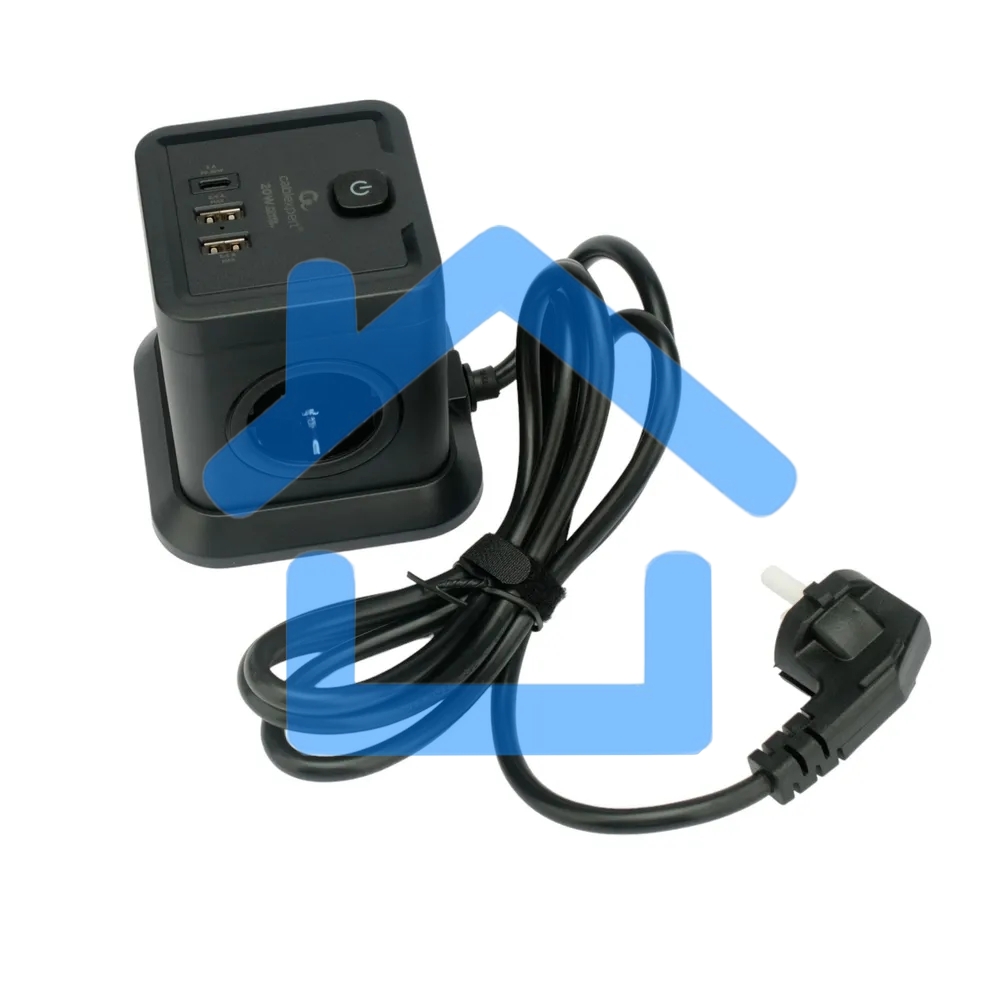 Сетевой фильтр Cablexpert Tower TWR-4-CU2-B-2, 4р, 10А, 1xType-C PD, 20Вт, 2хUSB, 2м, ур.защиты 2+, черный, коробка