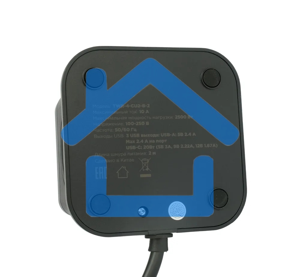 Сетевой фильтр Cablexpert Tower TWR-4-CU2-B-2, 4р, 10А, 1xType-C PD, 20Вт, 2хUSB, 2м, ур.защиты 2+, черный, коробка
