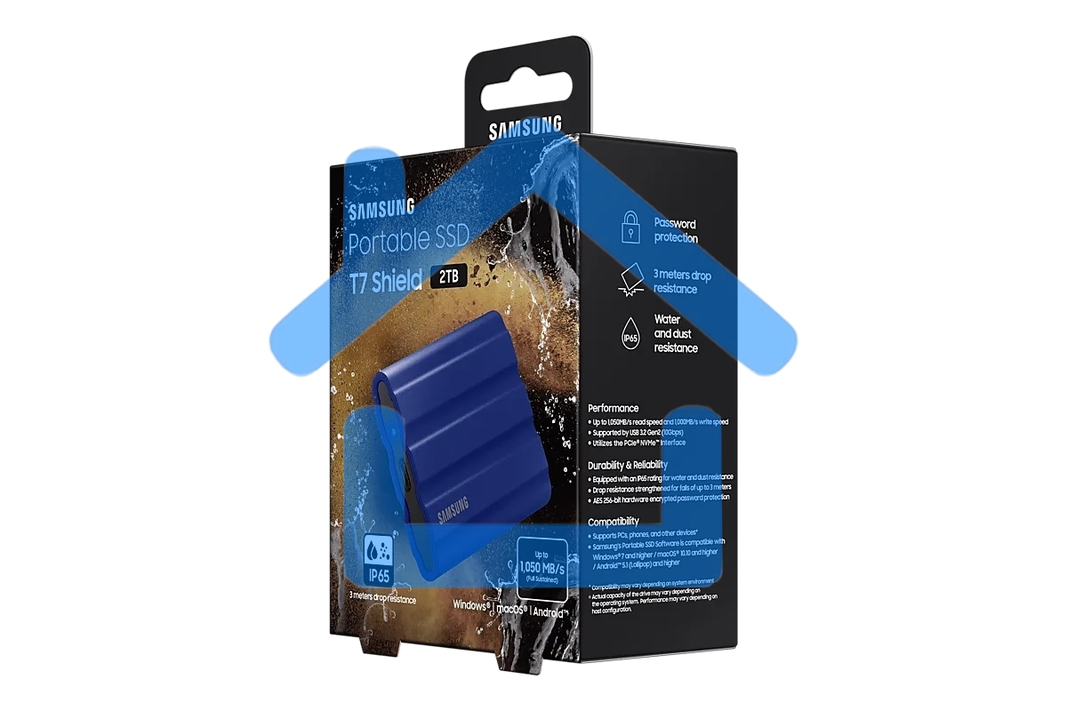 Накопитель SSD Samsung T7 Shield MU-PE1T0R/WW, USB3.2, 1ТБ, синий