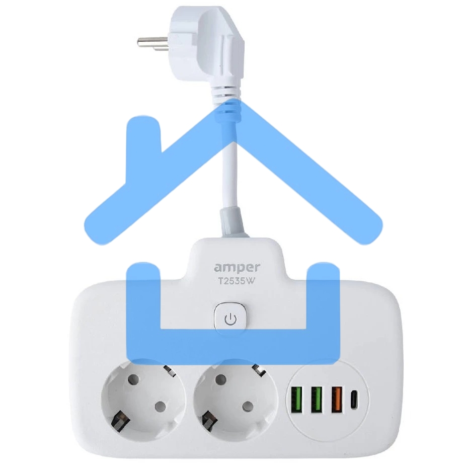 Сетевой удлинитель Amper 0,2м, 2 розетки, 3*0,75мм, 10А, 2500 Вт, 3usb, 1Type-C, 1кн, белый