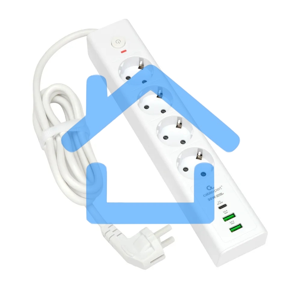 Сетевой фильтр Cablexpert Exnovo EXN-4-CU2-W-2, 4р, 16А, 1xType-C PD, 30Вт, 2хUSB, 2м, ур.защиты 4+, белый, коробка