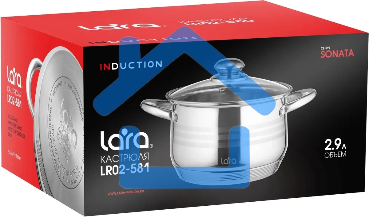 Кастрюля LARA LR02-581 SONATA 18x11,5 см, 2.9 л, 7-СТУПЕНЧАТОЕ ДНО, комбо-полировка, крышка, нержавеющая сталь