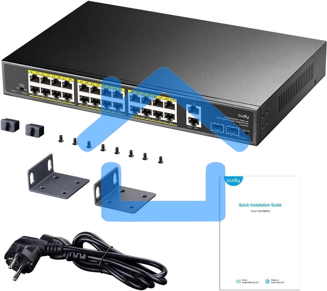 Коммутатор Cudy GS1026PS2, (L2) 26x1Gbит/с 2xКомбо(1000BASE-T/SFP), 2SFP, 24PoE, 300W, неуправляемый