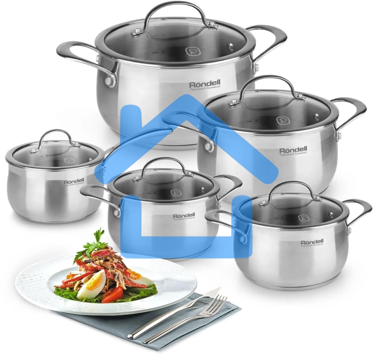 Набор посуды 10 предметов Rondell Admiring RDS-1610 (кастрюли с/кр 18 см, 20 см, 22 см, 24 см, ковш с/кр 16 см)