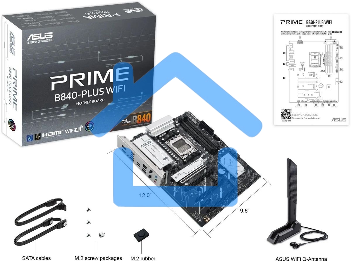 Материнская плата ASUS PRIME B840-PLUS WIFI, AM5, AMD B840, 4xDDR5, 4xSATA, 3xM.2, 1xPCIe 4.0 x16, 1xPCIe 3.0 x16, 2xPCIe 3.0 x16, 1xPCIe 3.0 x1, 1xDP, 1xHDMI, 1x 2.5Gb LAN, 8xUSB-A, 3x3.5 мм, 7.1, ATX