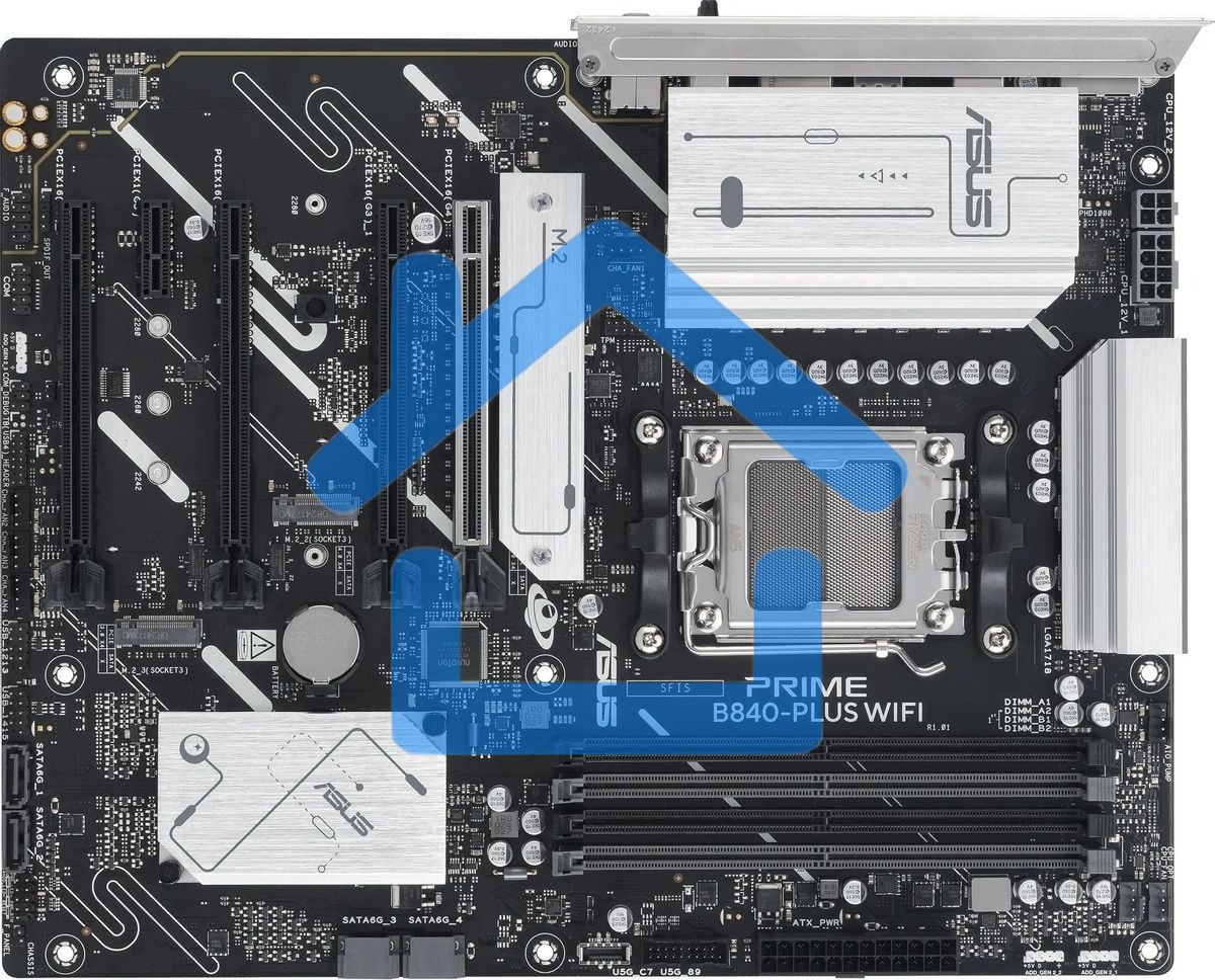 Материнская плата ASUS PRIME B840-PLUS WIFI, AM5, AMD B840, 4xDDR5, 4xSATA, 3xM.2, 1xPCIe 4.0 x16, 1xPCIe 3.0 x16, 2xPCIe 3.0 x16, 1xPCIe 3.0 x1, 1xDP, 1xHDMI, 1x 2.5Gb LAN, 8xUSB-A, 3x3.5 мм, 7.1, ATX