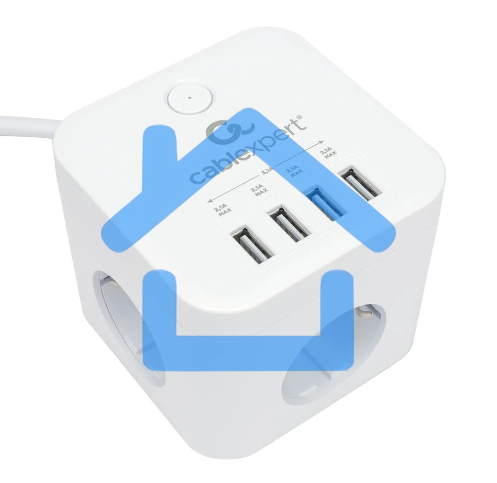 Сетевой фильтр Cablexpert Cube CUBE-3-U4-W-1.5, 3р, 10А, 4хUSB, 1.5м, ур.защиты 4+, белый, коробка