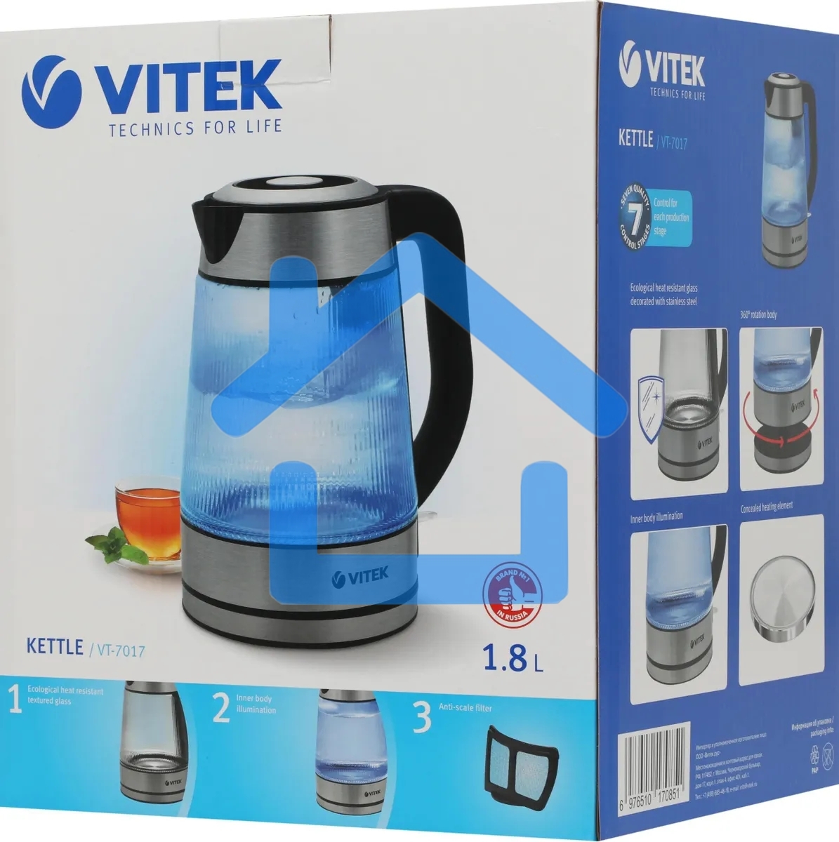 Чайник электрический Vitek VT-7017, 1.8л, 2200Вт, прозрачный, корпус: стекло