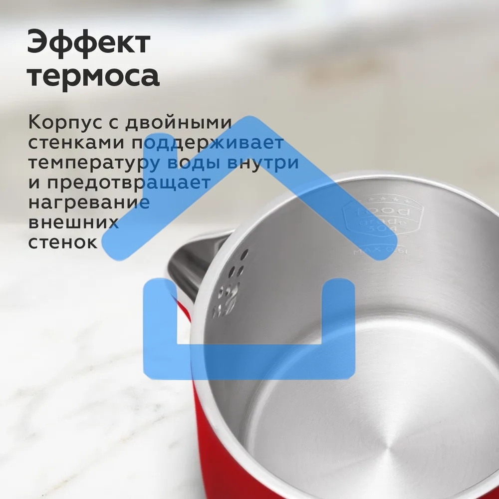 Чайник BQ KT1717P Red. Мощность:1000 Вт, Объем 0,6л