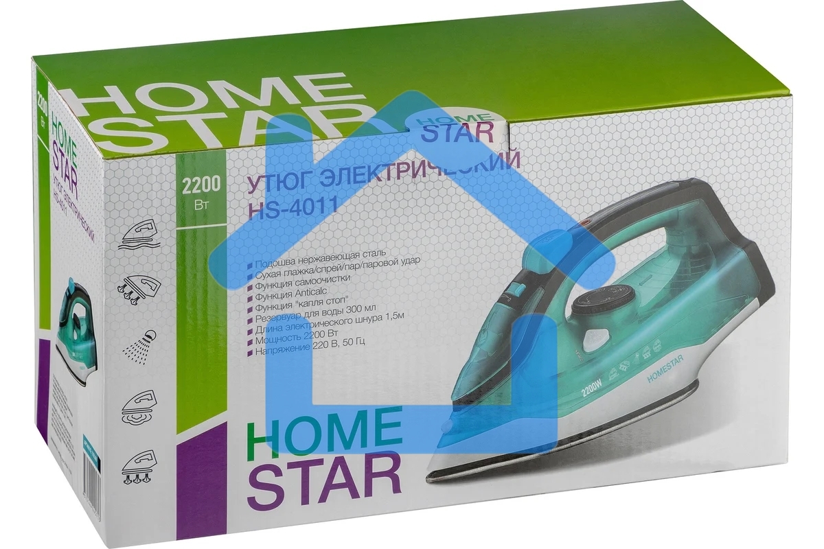 Утюг HOMESTAR HS-4011 бирюзовый, 2200 Вт, пар, подошва нержавеющая сталь, антинакипь, капля стоп