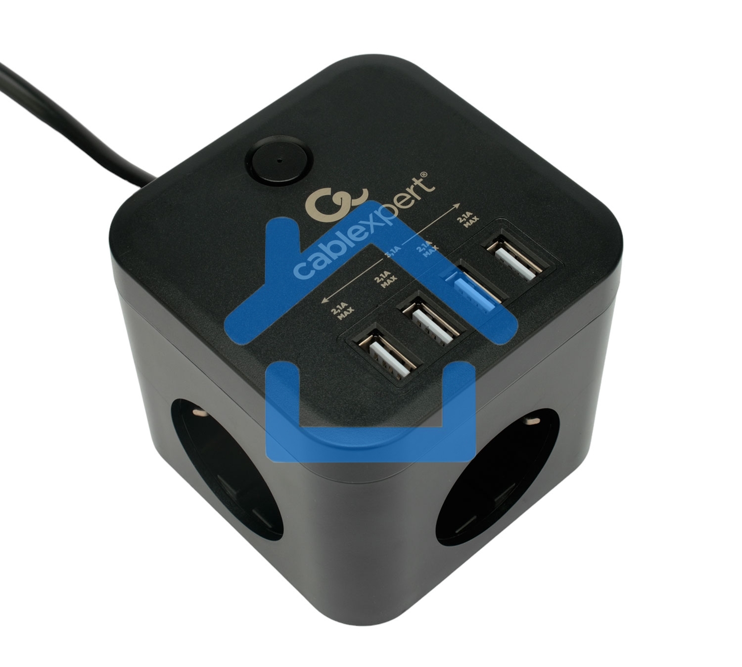Сетевой фильтр Cablexpert Cube CUBE-3-U4-B-1.5, 3р, 10А, 4хUSB, 1.5м, ур.защиты 4+, черный, коробка