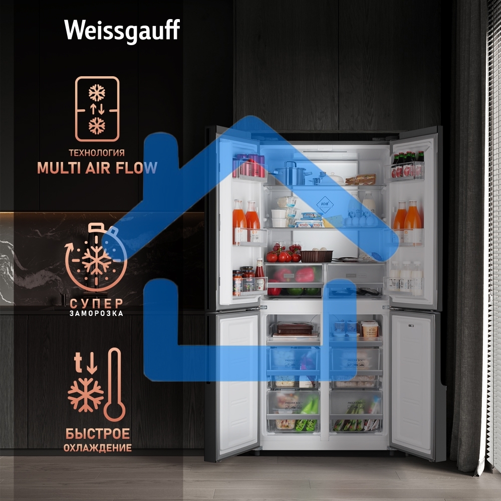 Холодильник Weissgauff WCD 450 INOX GLASS нержавеющая сталь трехкамерный 286/141л морозилка снизу, No Frost, Side by Side