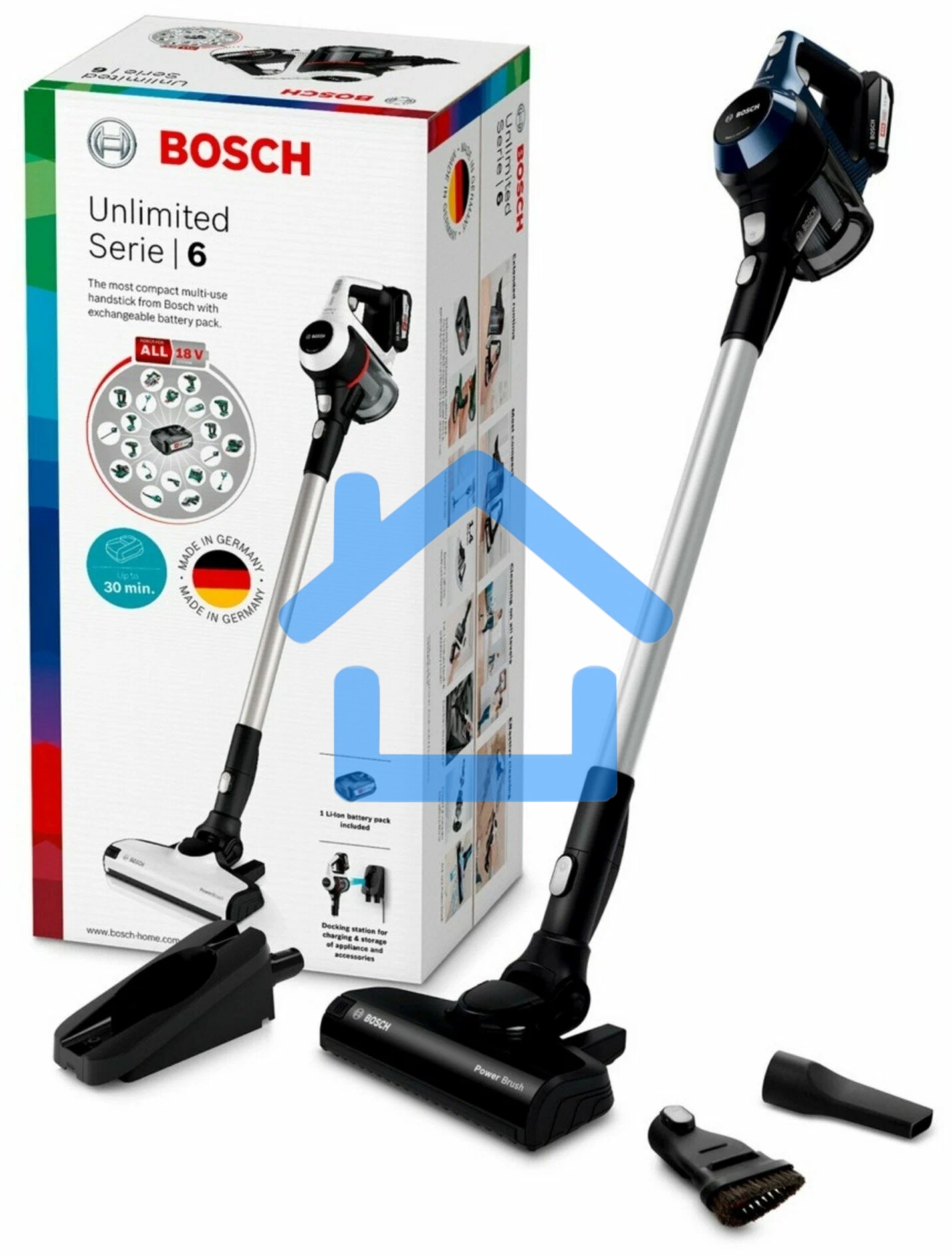 Пылесос вертикальный Bosch Unlimited BCS611P4A POWER FOR ALL 18V синий/черный, питание от аккумулятора, уборка сухая, работа от АКБ max 30 мин