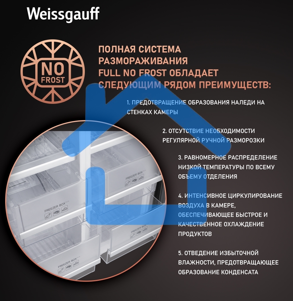 Холодильник Weissgauff WCD 450 INOX GLASS нержавеющая сталь трехкамерный 286/141л морозилка снизу, No Frost, Side by Side