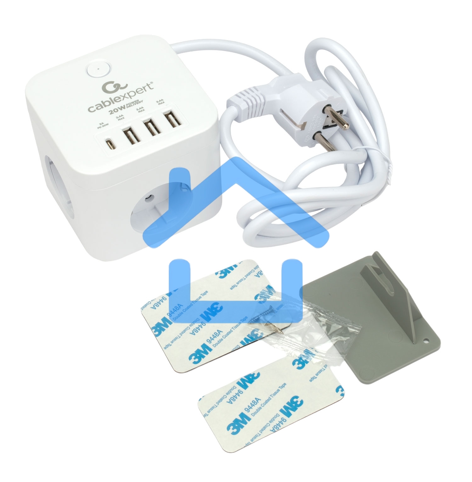 Сетевой фильтр Cablexpert Cube CUBE-3-CU3-W-1.5, 3р, 10А, 1xType-C PD, 3xUSB, 1.5м, ур.защиты 4+, белый, коробка