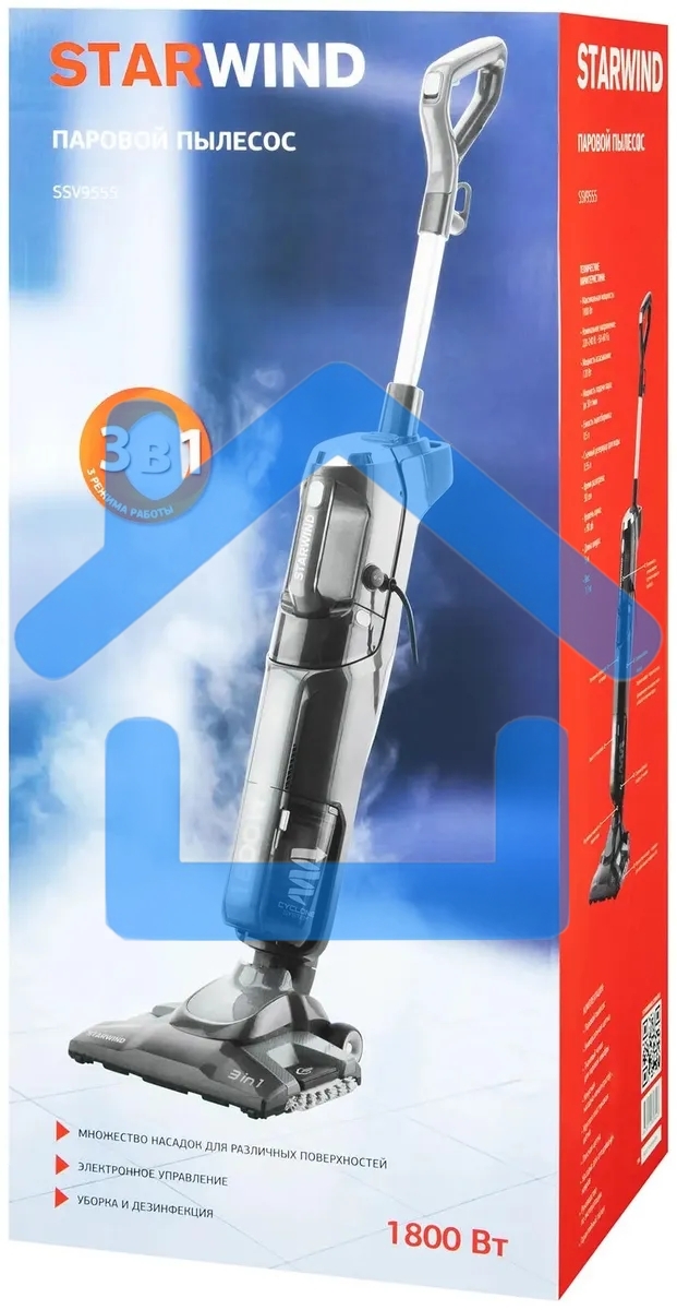 Пылесос паровой вертикальный Starwind SSV9555 темно-серый/серебристый, питание от сети, 120 Вт, уборка сухая/паром, пылесборник 0.5 л