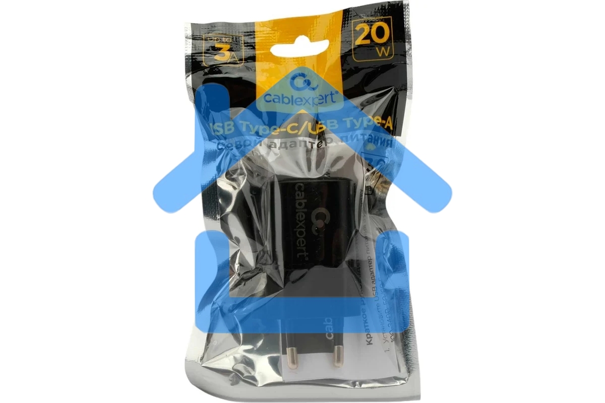 Зарядное устройство Cablexpert 20Вт, 3А, QC3.0/PD, 1xUSB, 1xType-C, черный, пакет