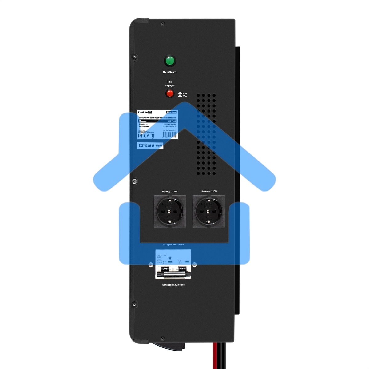 Комплект ИБП EX296005RUS + батарея 45Aч EX285666RUS 4шт (инвертор, синус, для котла, настенный) ExeGate FineSine SX-7000.LCD.AVR.2SH.T <7000VA/5000W, чистая синусоида, цветной LCD-дисплей, AVR, 2*Schuko+клеммы, линейно-интерактивный, крепление настенное, 