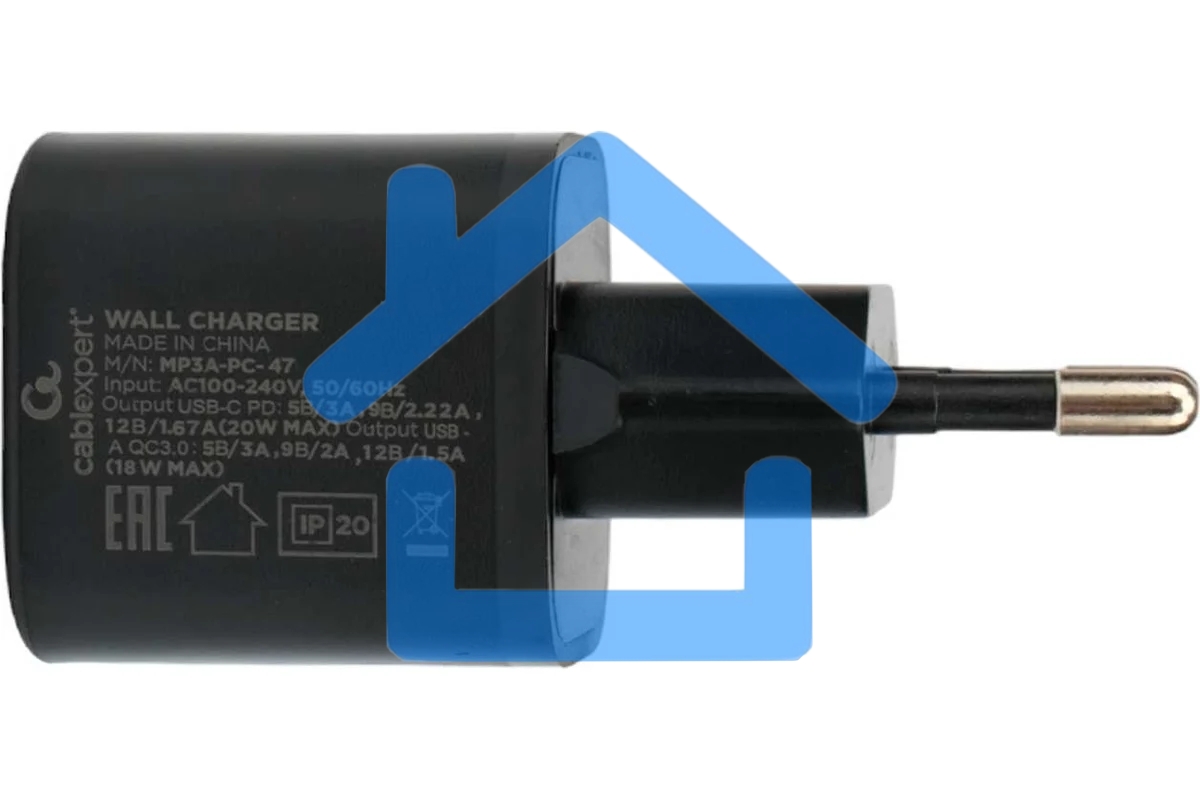 Зарядное устройство Cablexpert 20Вт, 3А, QC3.0/PD, 1xUSB, 1xType-C, черный, пакет