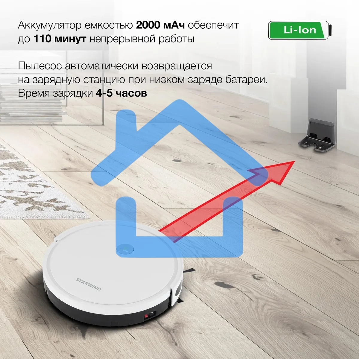 Робот-пылесос Starwind SRV4575 белый, 15 Вт, 2000 мА·ч Li-Ion, уборка влажная/сухая, пылесборник контейнер 0.3 л