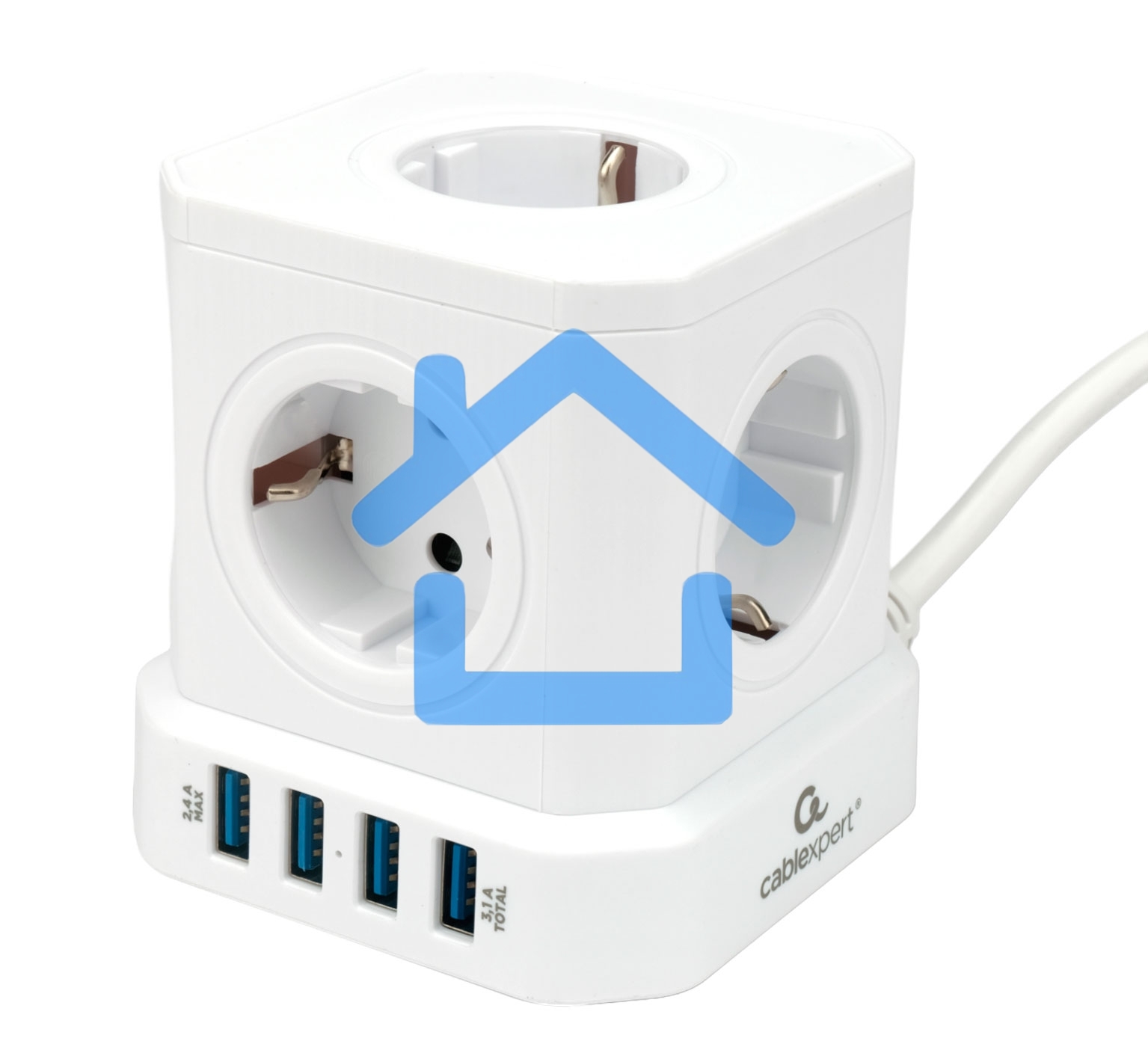 Сетевой фильтр Cablexpert Tower TWR-5-U4-W-2, 5р, 10А, 4хUSB, 3.1А, 2м, ур.защиты 4+, белый, коробка