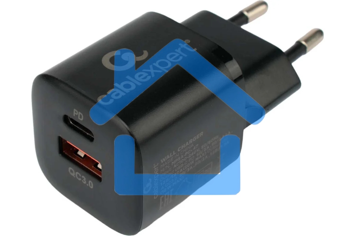 Зарядное устройство Cablexpert 20Вт, 3А, QC3.0/PD, 1xUSB, 1xType-C, черный, пакет