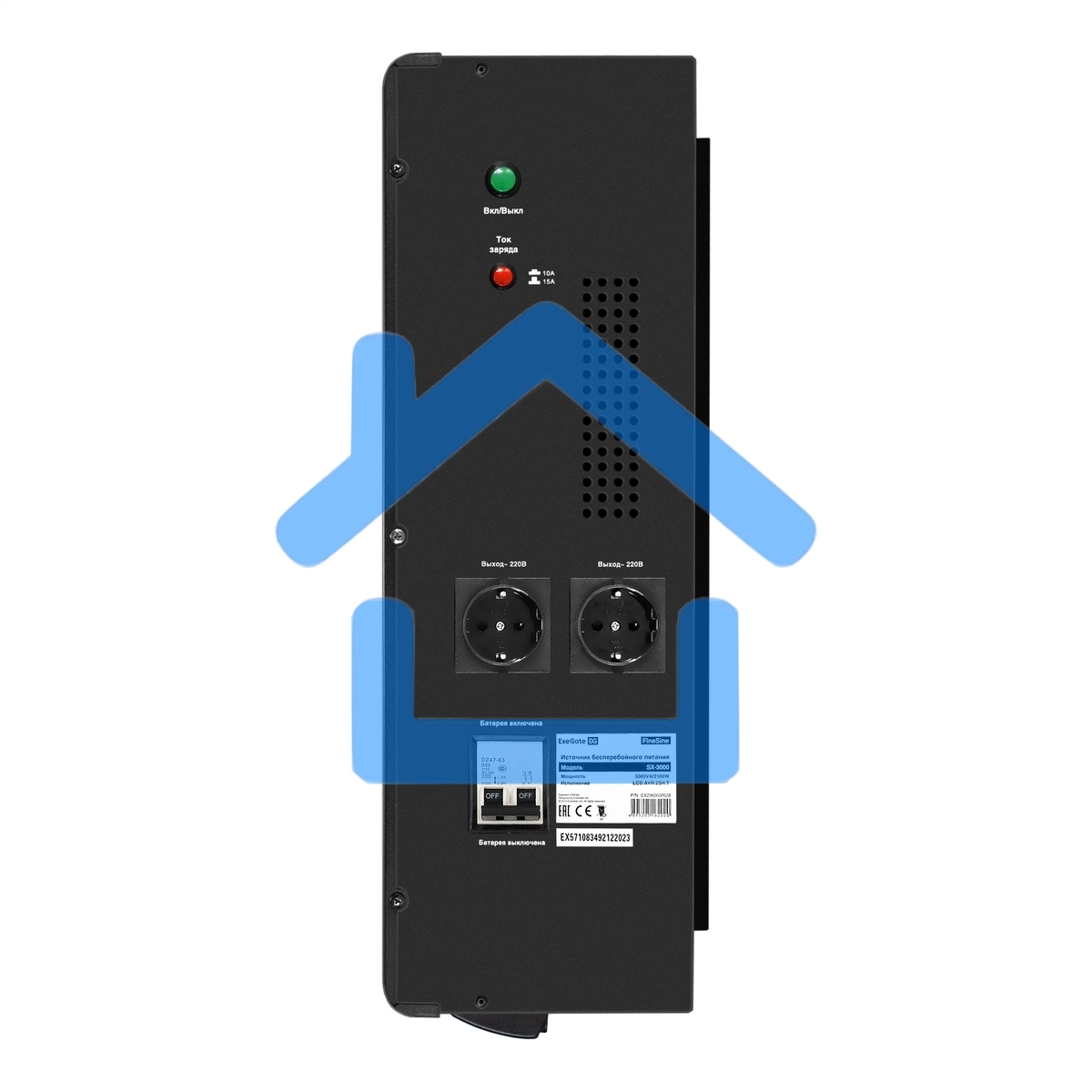 Комплект ИБП EX296003RUS + батарея 45Aч EX285666RUS 4шт (инвертор, синус, для котла, настенный) ExeGate FineSine SX-3000.LCD.AVR.2SH.T <3000VA/2100W, чистая синусоида, цветной LCD-дисплей, AVR, 2*Schuko+клеммы, линейно-интерактивный, крепление настенное, 