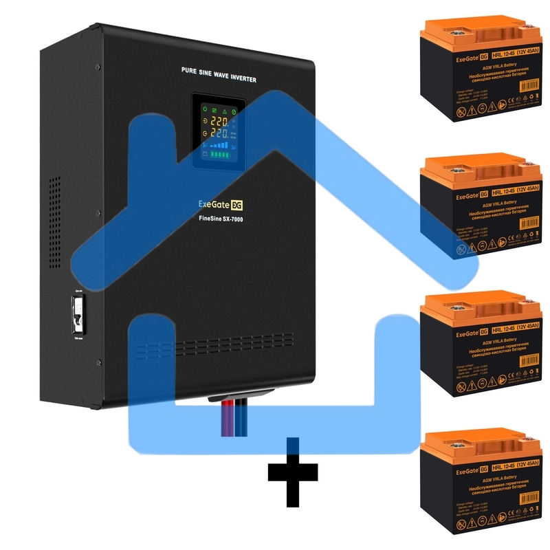 Комплект ИБП EX296005RUS + батарея 45Aч EX285666RUS 4шт (инвертор, синус, для котла, настенный) ExeGate FineSine SX-7000.LCD.AVR.2SH.T <7000VA/5000W, чистая синусоида, цветной LCD-дисплей, AVR, 2*Schuko+клеммы, линейно-интерактивный, крепление настенное, 