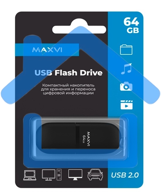 Флешка USB R/W Maxvi SF 64Gb USB 2.0 black, монолит с колпачком, soft touch