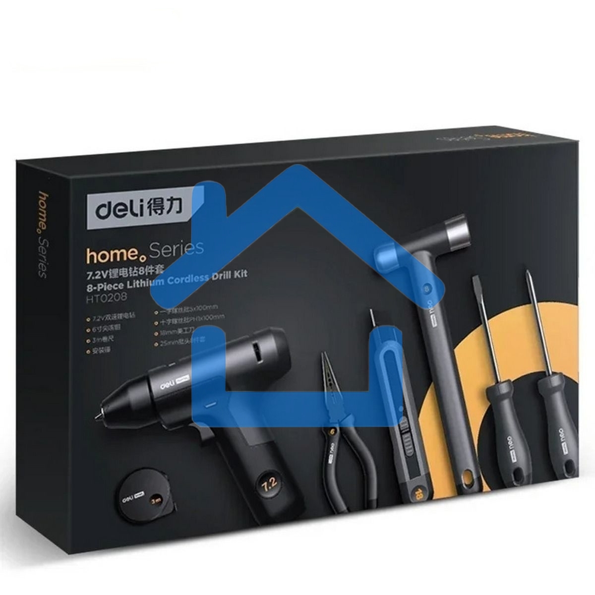 Набор ручного инструмента + шуруповерт Deli HT0208 Home Series черный 8 предметов