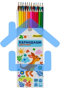 Карандаши цветные Silwerhof Веселые друзья 2.65мм, трехгранный профиль, дерево, ассорти, 24 цвета, коробка с европодвесом