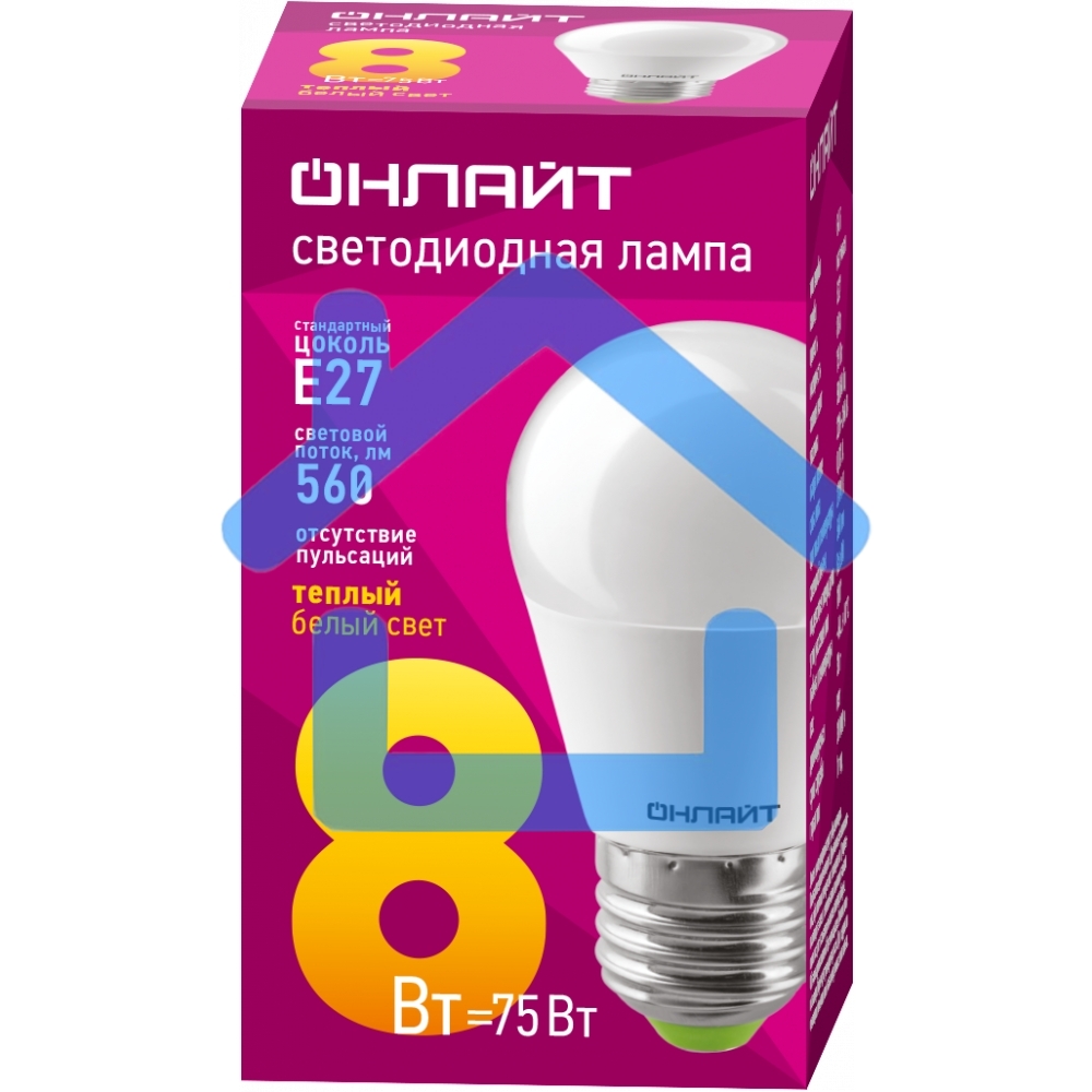 Лампа светодиодная ОНЛАЙТ 71626 OLL-G45-8-230-2.7K-E27 8 Вт шар 2700К тепл. бел. E27 560лм 176-264В