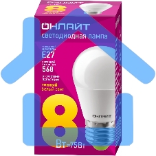 Лампа светодиодная ОНЛАЙТ 71626 OLL-G45-8-230-2.7K-E27 8 Вт шар 2700К тепл. бел. E27 560лм 176-264В