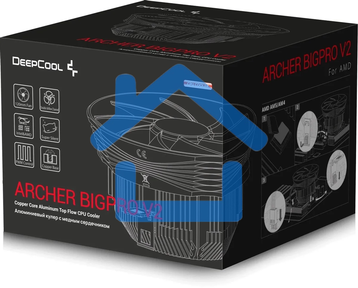 Кулер для процессора DEEPCOOL ARCHER BIGPRO V2 черный/синий, 120 мм, алюминий/медь, 2000 об/мин, 29.7 дБ, 4 pin, 125 Вт, 70 мм